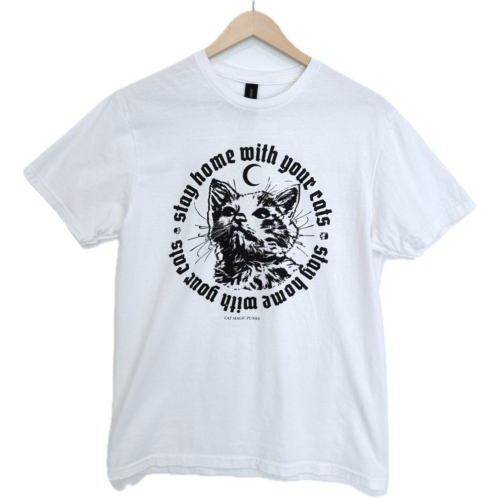 Gildan Softstyle Cat Graphic Tee Womens Size M "Stay Home with Your Cats" Moon